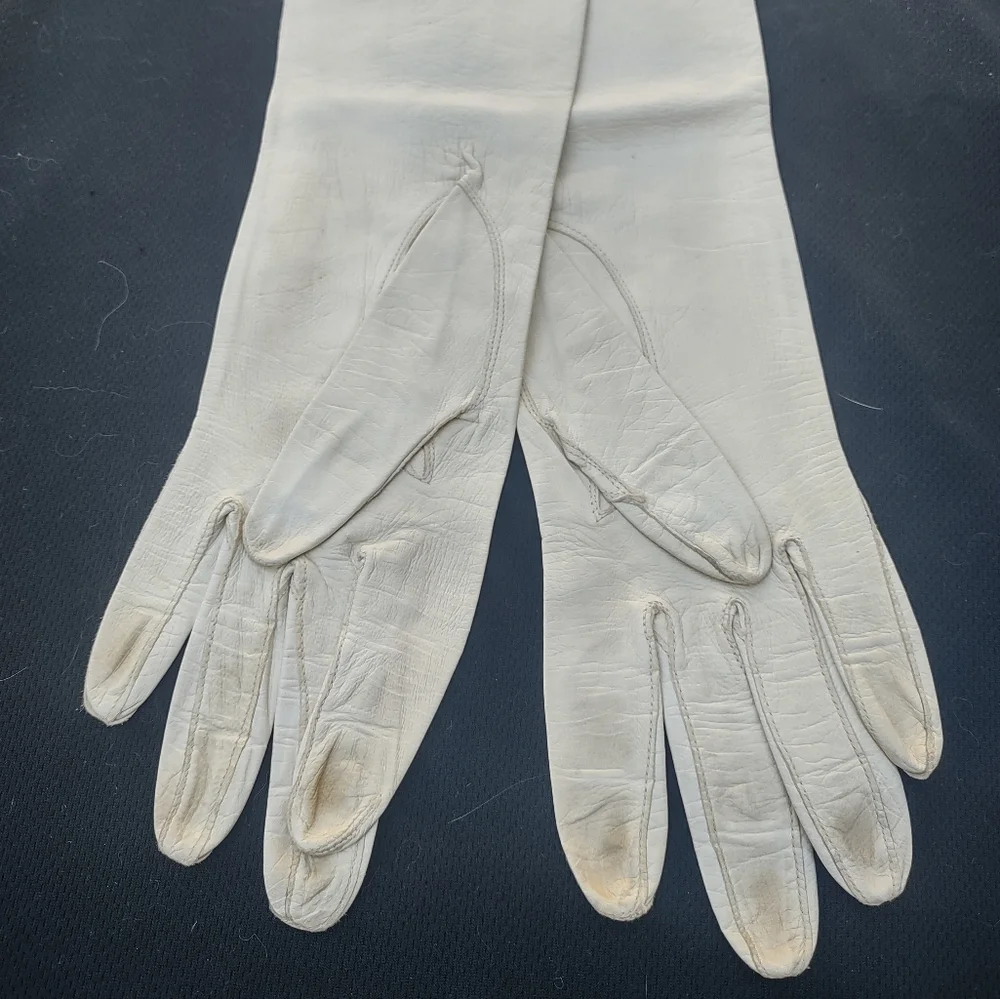 Sm Vintage Elegant White Leather Gloves Elbow Length
